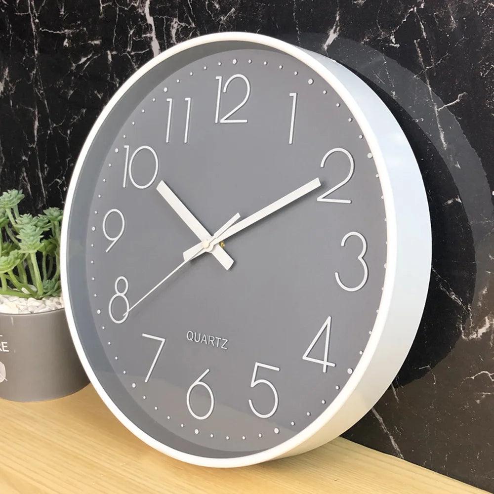 Silent 12-inch quartz wall clock. Non-ticking design for peaceful bedroom, office, or kitchen decor.