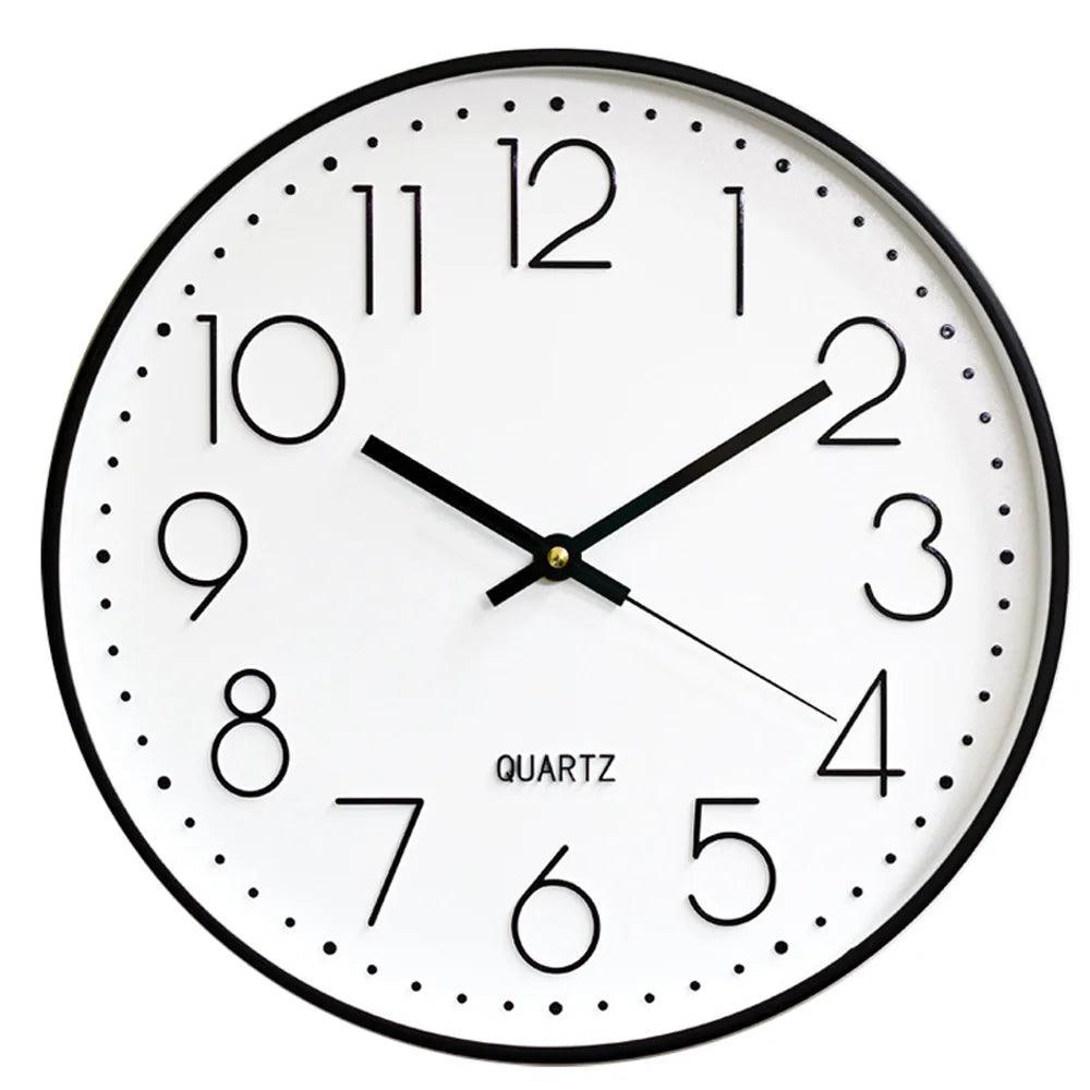 Non-ticking 12-inch silent quartz wall clock for peaceful home and office environments. Round, modern design.