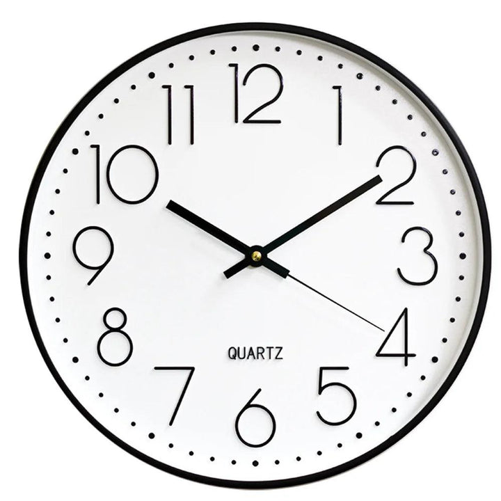 Non-ticking 12-inch silent quartz wall clock for peaceful home and office environments. Round, modern design.