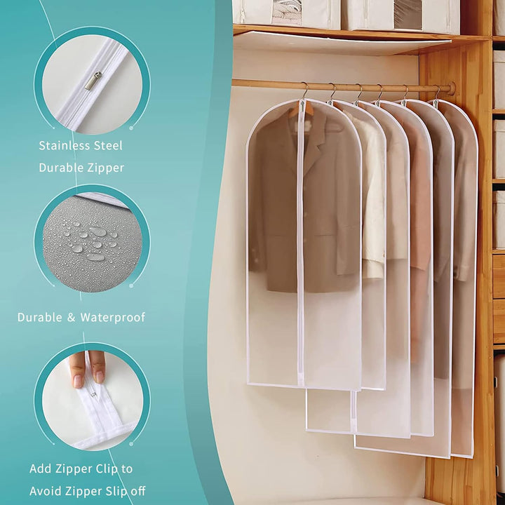 Clear PEVA garment storage bags in a 12-pack, ideal for dustproof clothing protection