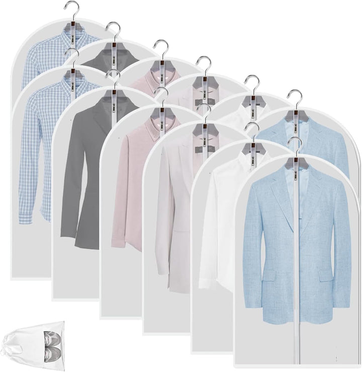 Closet filled with various garments in clear PEVA bags, effective dustproof protection