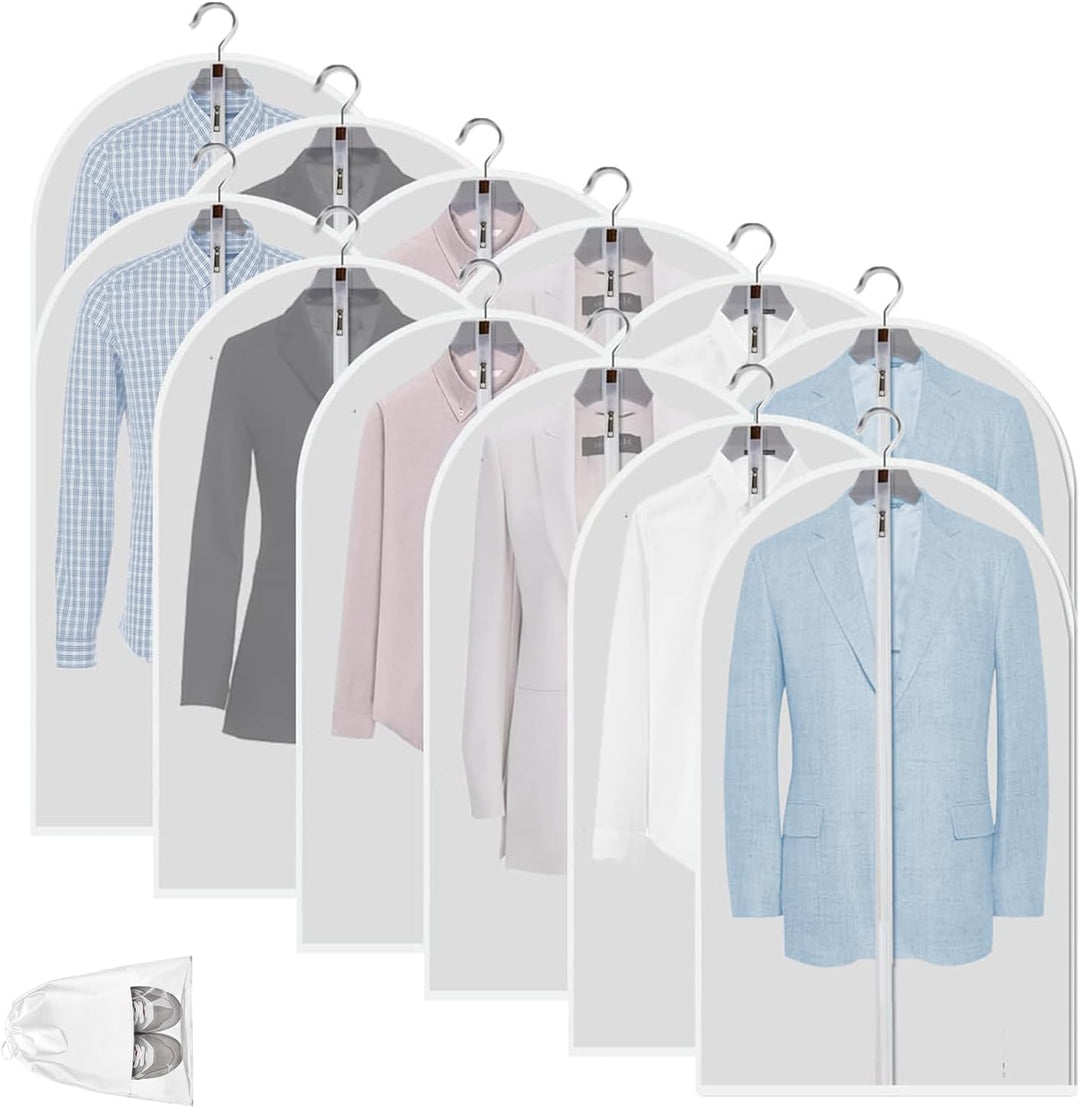 Organization system: 12 clear PEVA garment bags for tidy wardrobe.