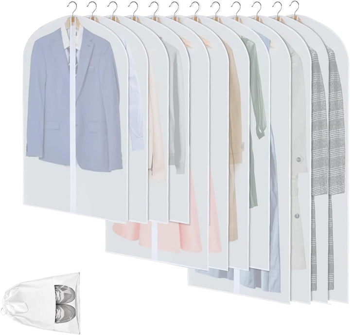12-pack clear PEVA garment bags for dustproof clothes protection & wardrobe organization.