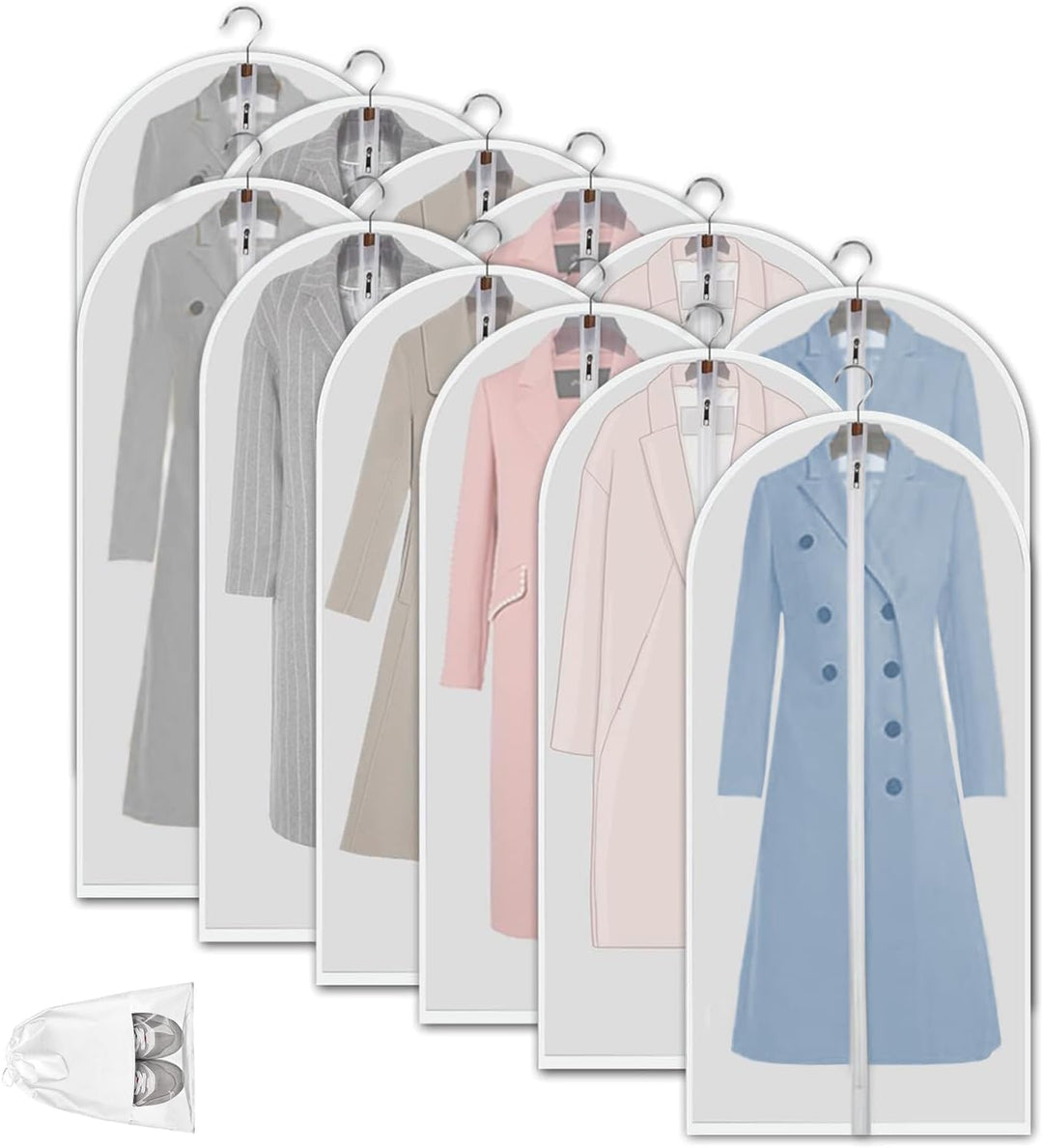 Multi-purpose 12-pack clear PEVA garment bags for dustproof storage of suits, dresses, coats, and gowns.