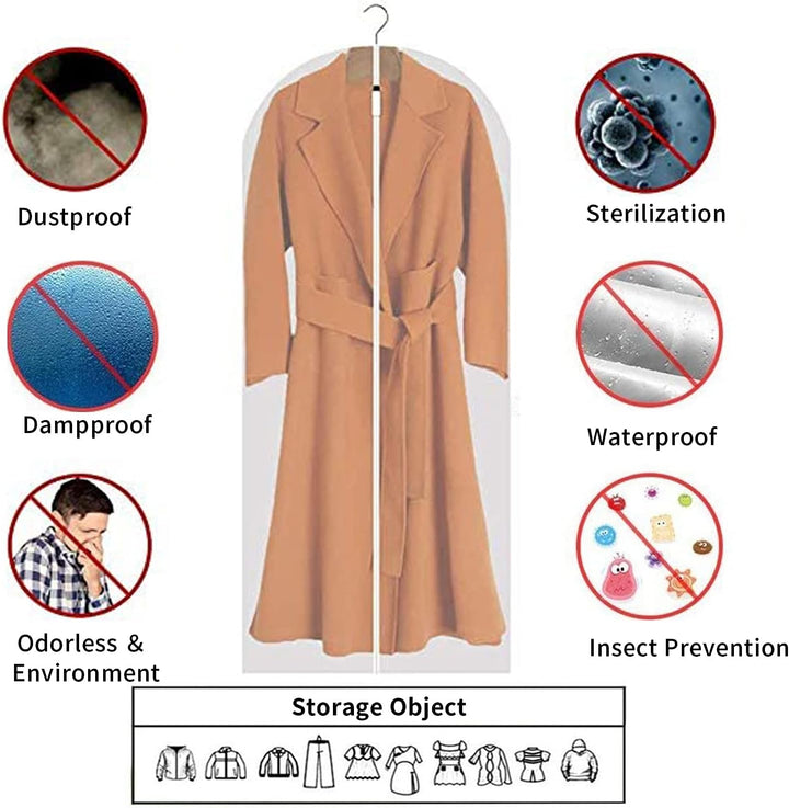 Clear PEVA dress bags (12-pack) for dustproof protection of dresses, gowns, and delicate clothing.