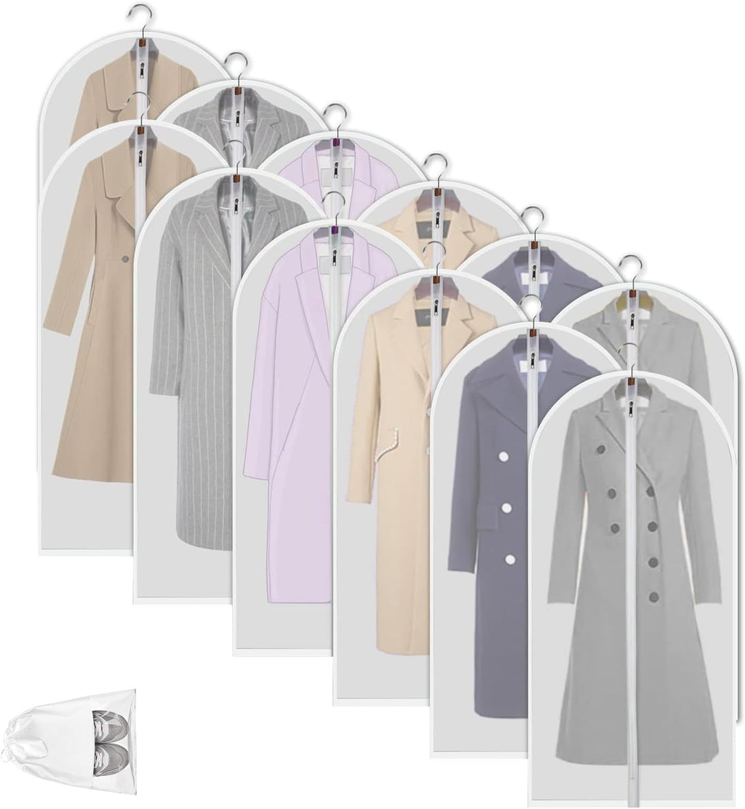 Dustproof clothes protector bags (12-pack) for wardrobe organization, keeping garments clean & fresh.