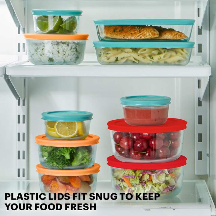 Eco-friendly 12-pack glass food storage containers in various sizes, with secure lids for kitchen organization.