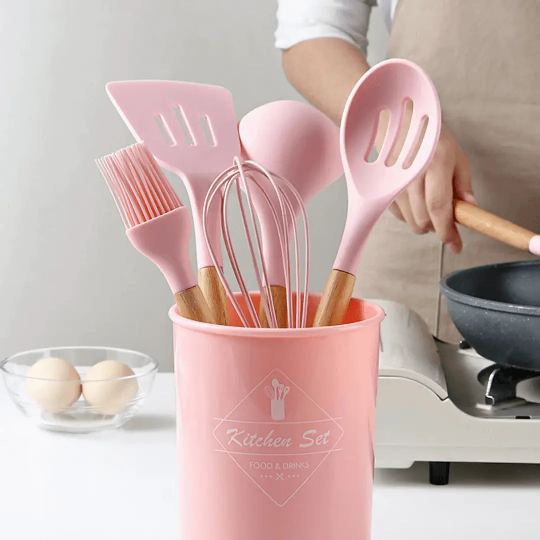 12-piece premium silicone kitchen utensil set with heat-resistant, non-stick cooking tools for home chefs.