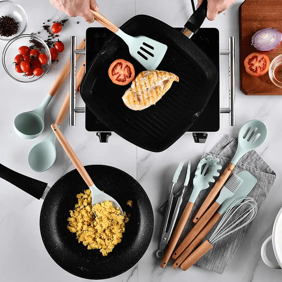 Complete 12-piece silicone utensil set for home cooking, baking & kitchen prep. Durable & non-stick.