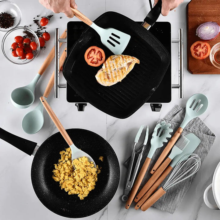Complete 12-piece silicone utensil set for home cooking, baking & kitchen prep. Durable & non-stick.
