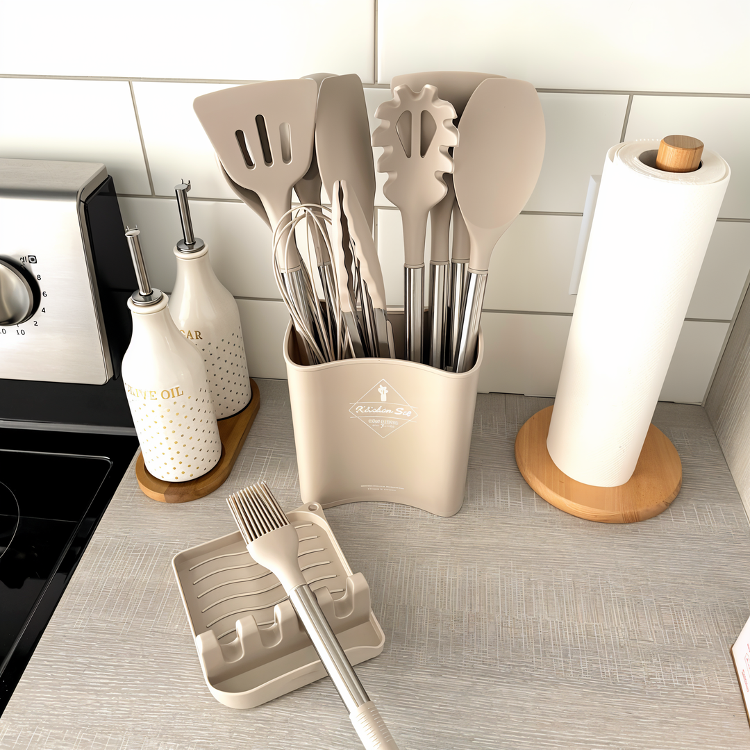 12-piece silicone kitchen utensil set with stainless steel handles, perfect for cooking & baking.