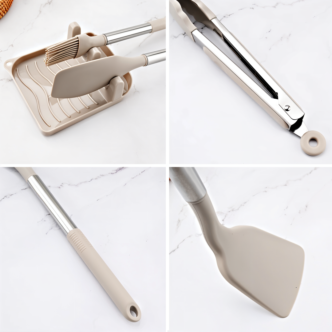 Non-stick safe 12-piece silicone kitchen utensil set, great for frying, flipping & stirring.