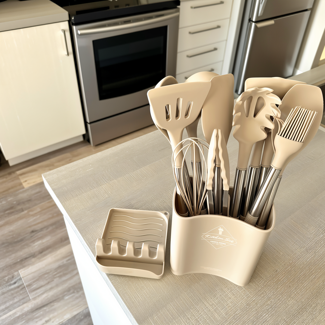 Essential 12-piece silicone cooking tools with stainless steel handles, easy to clean & store.