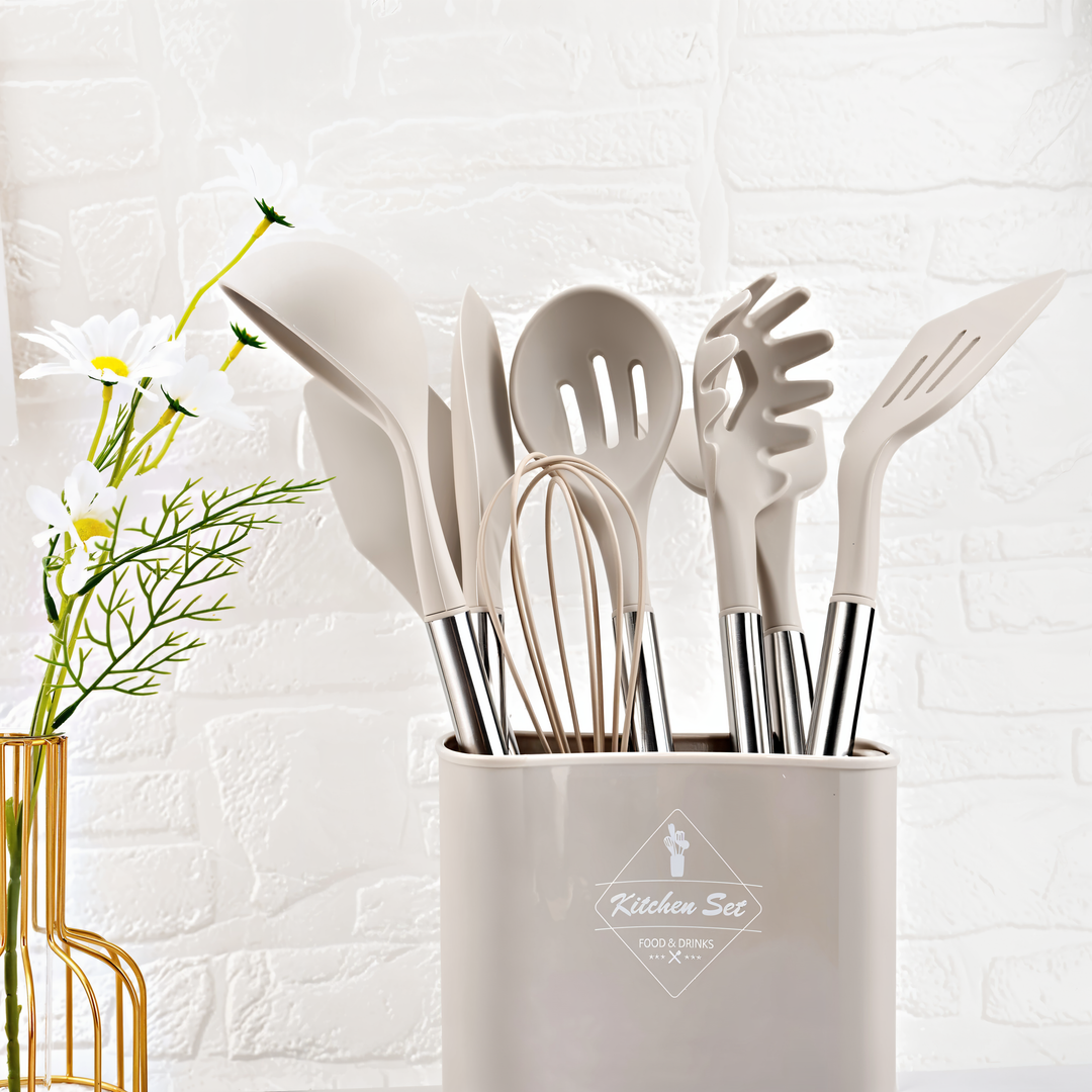 Beautifully arranged 12-piece silicone kitchen utensil set, ready for any cooking or baking challenge.