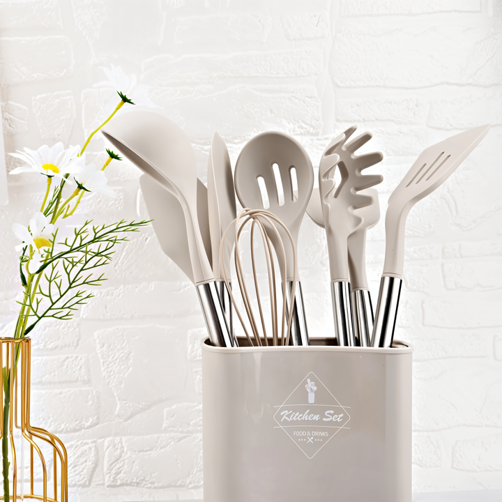 Beautifully arranged 12-piece silicone kitchen utensil set, ready for any cooking or baking challenge.