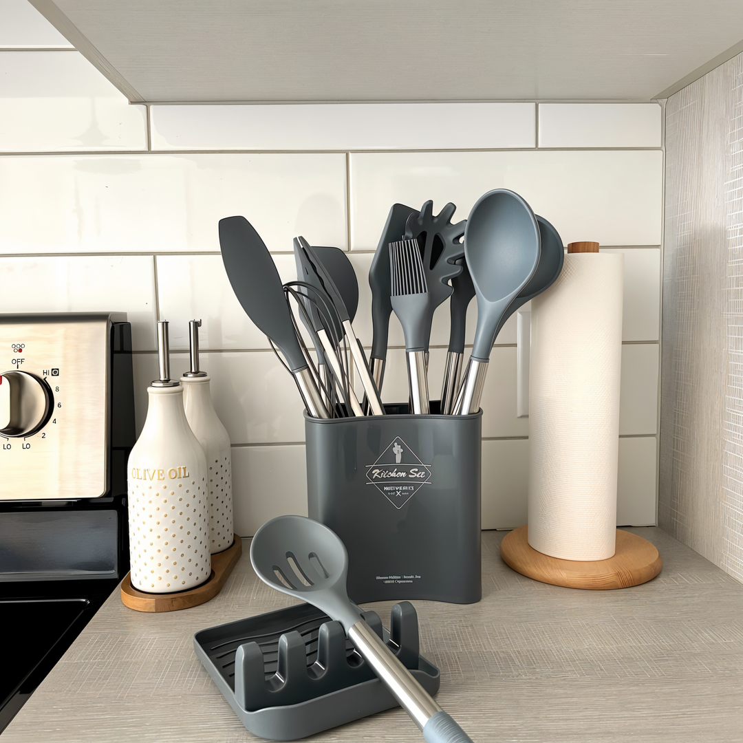 Durable 12-piece silicone cooking tools, non-stick safe & heat-resistant, ideal for any kitchen.