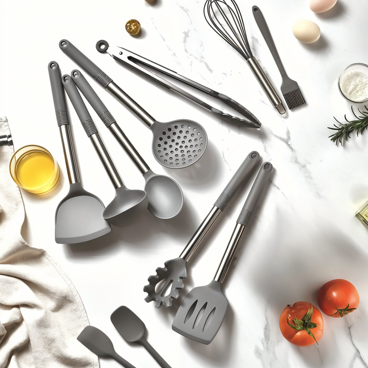 Ergonomic silicone utensil set with stainless steel handles, essential kitchen gadgets for home cooks.