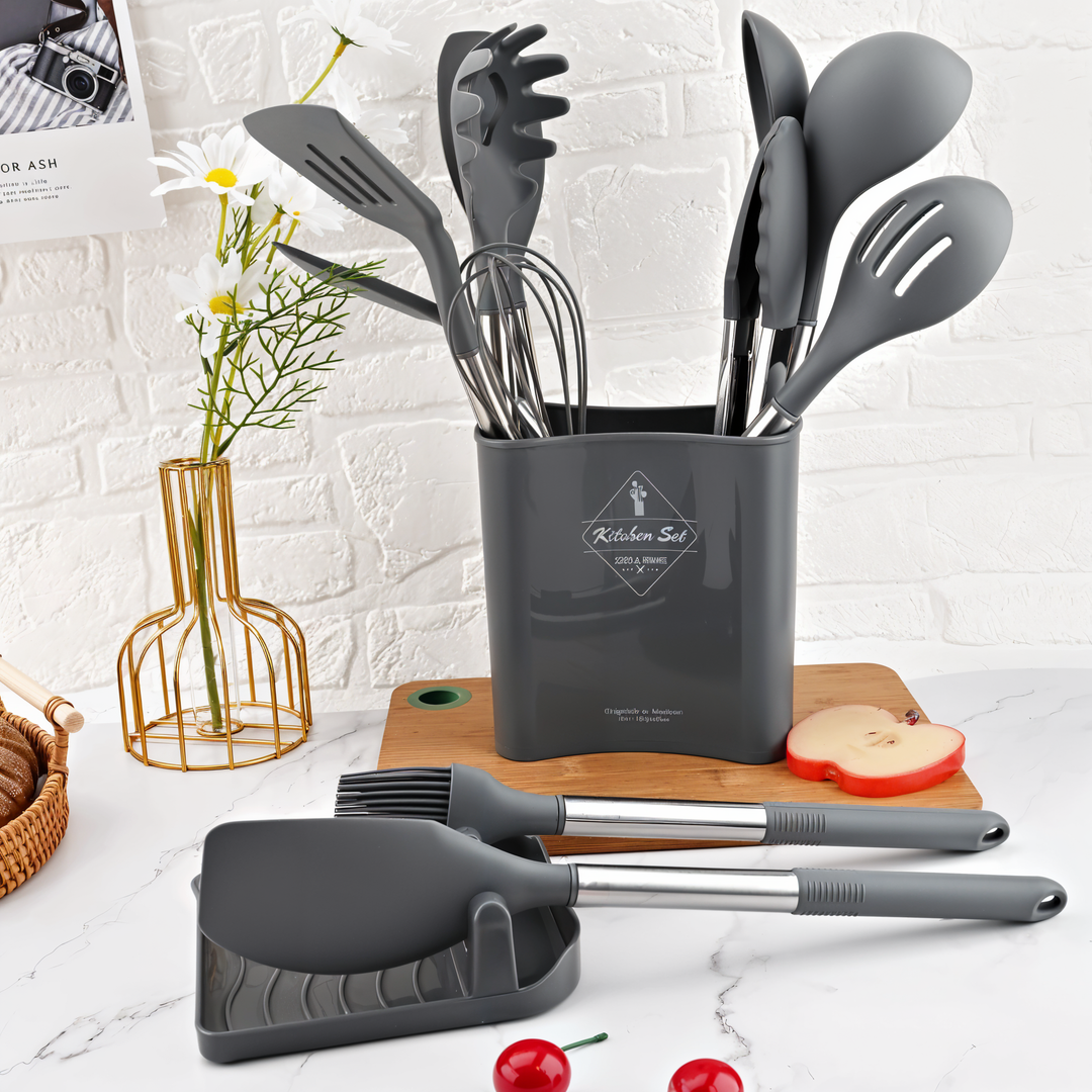 Heat-resistant silicone kitchen tools with comfortable stainless steel grips for food prep.