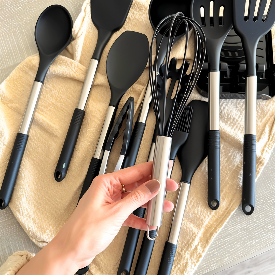 Complete 12-piece silicone utensil set for baking, featuring spatulas, whisks & more.