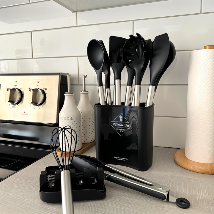 Versatile 12-piece silicone cooking set, durable and non-stick safe for everyday use.