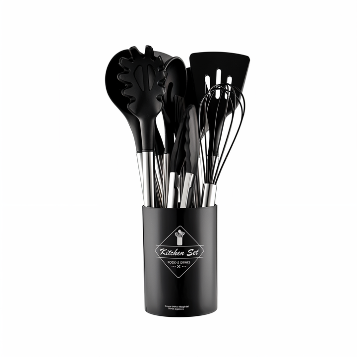 Modern 12-piece silicone kitchen utensil set with sleek stainless steel handles for stylish cooking.