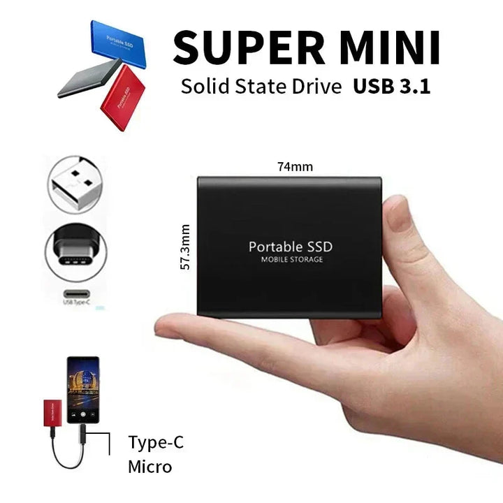 Hand holding 128TB external SSD, demonstrating its compact size and portability, for data backup