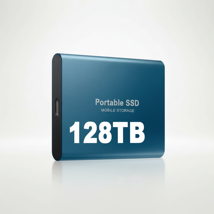 Group of 128TB external SSDs in various stacked positions, high capacity portable drives