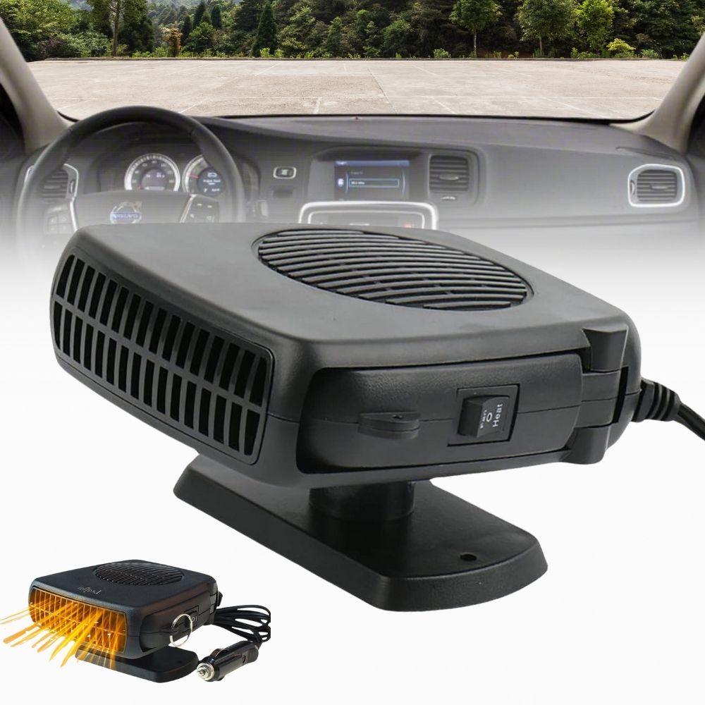 12V portable car heater fan with fast defrost & auto heating for vehicle warmer in winter driving.