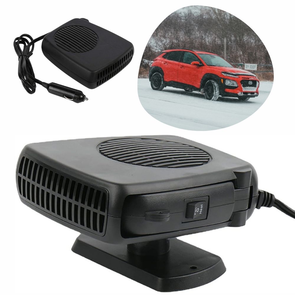 Ceramic 12V car heater fan quickly defrosting a windshield, ensuring clear visibility for winter driving.
