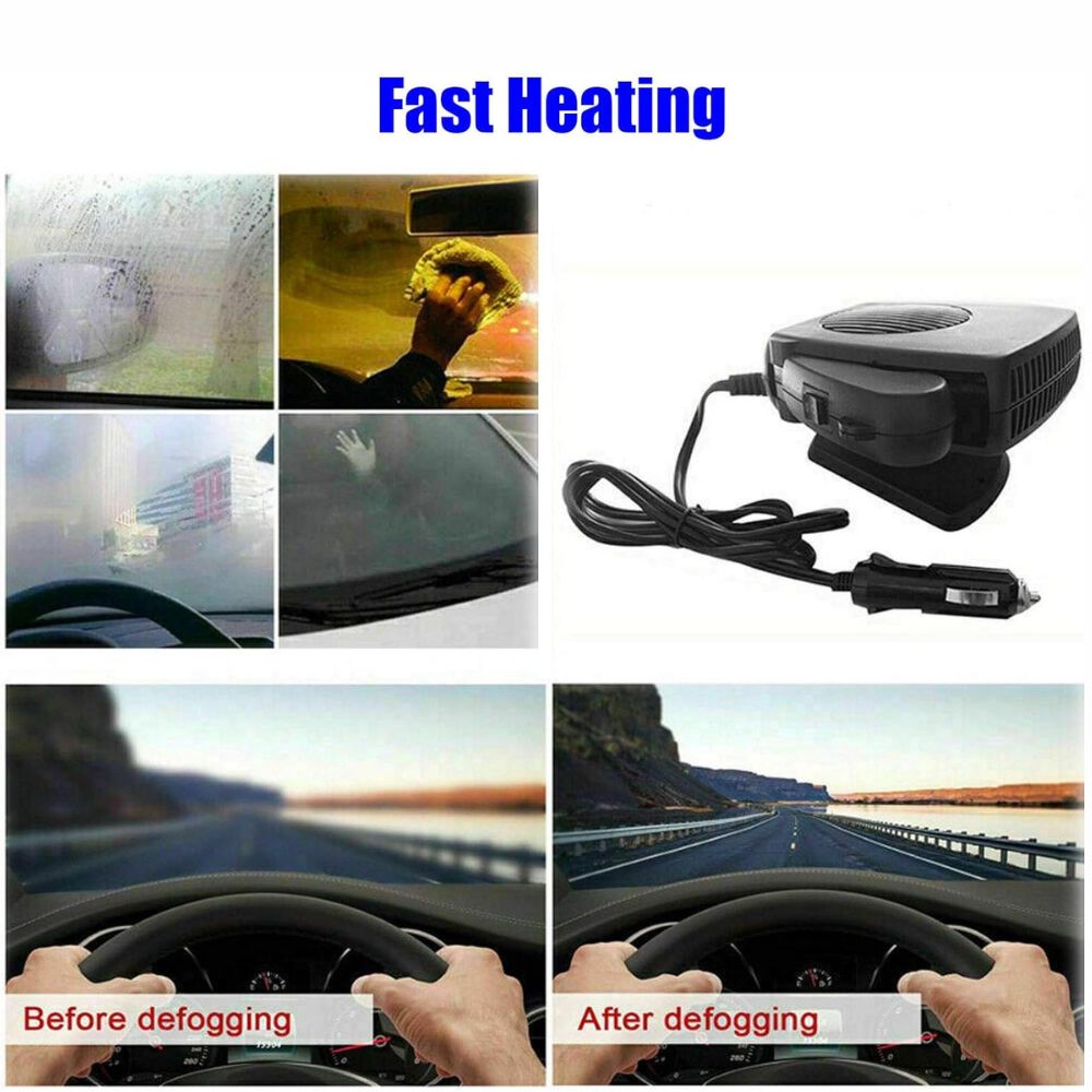 Compact 12V ceramic car heater providing quick vehicle warmth, a must-have portable accessory for cold weather.