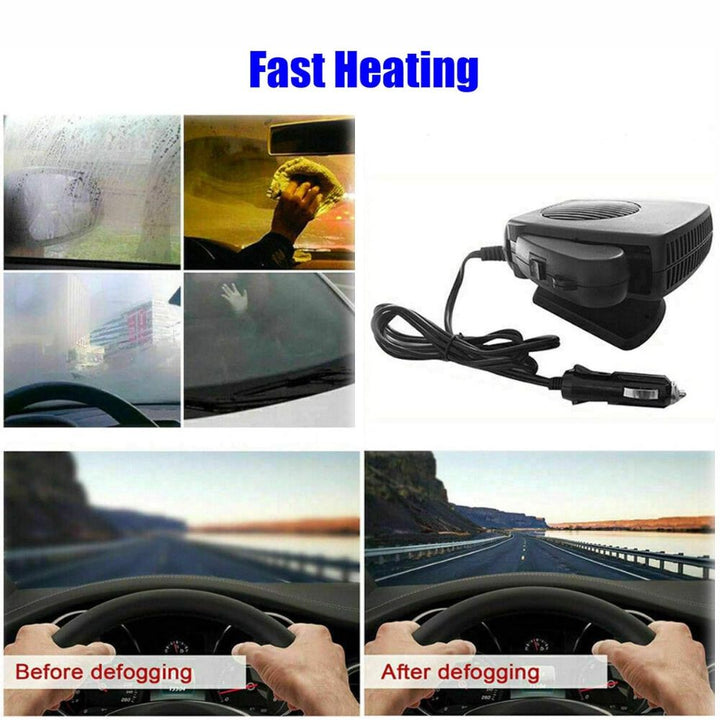 Compact 12V ceramic car heater providing quick vehicle warmth, a must-have portable accessory for cold weather.
