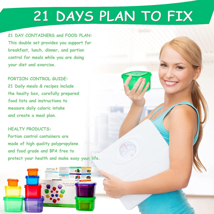 Set of 14 colorful portion control containers for meal prep, weight loss, and fitness journey food storage.