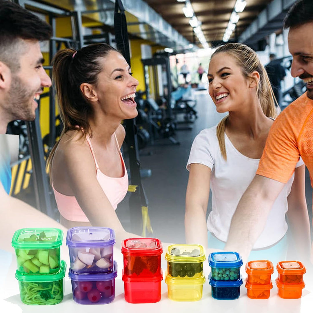 Assorted color 14-piece food storage containers for portion control, meal prep, and diet management.
