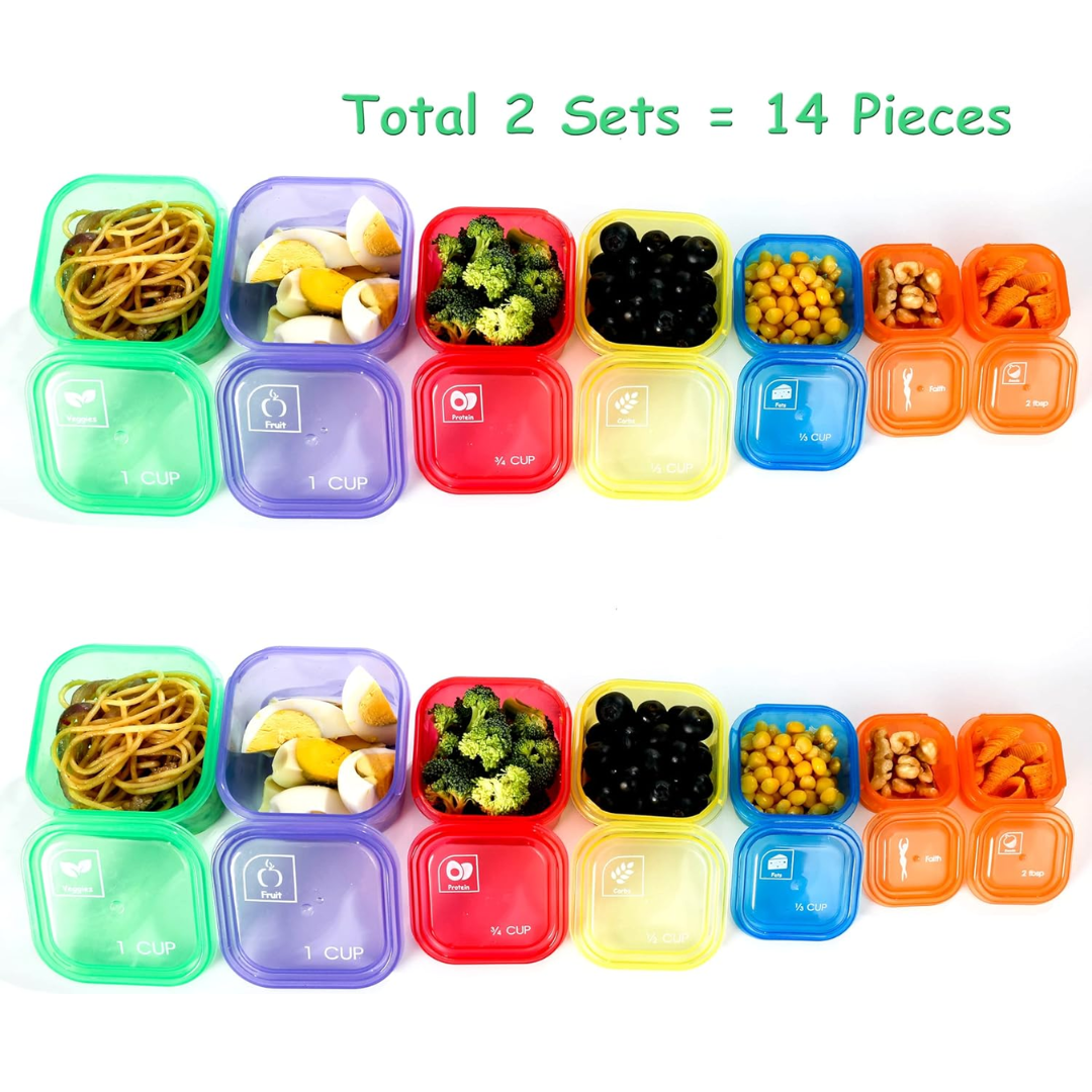 Colorful 14-piece portion control containers support your weight loss and fitness meal prep journey.