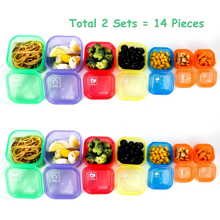 Colorful 14-piece portion control containers support your weight loss and fitness meal prep journey.