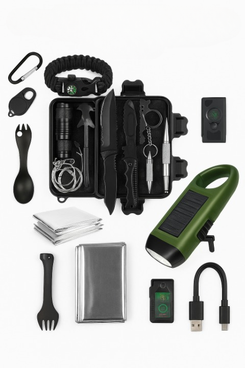 15-in-1 Emergency Survival Kit for outdoor adventures, camping & hiking. Includes tactical tools & flashlight.