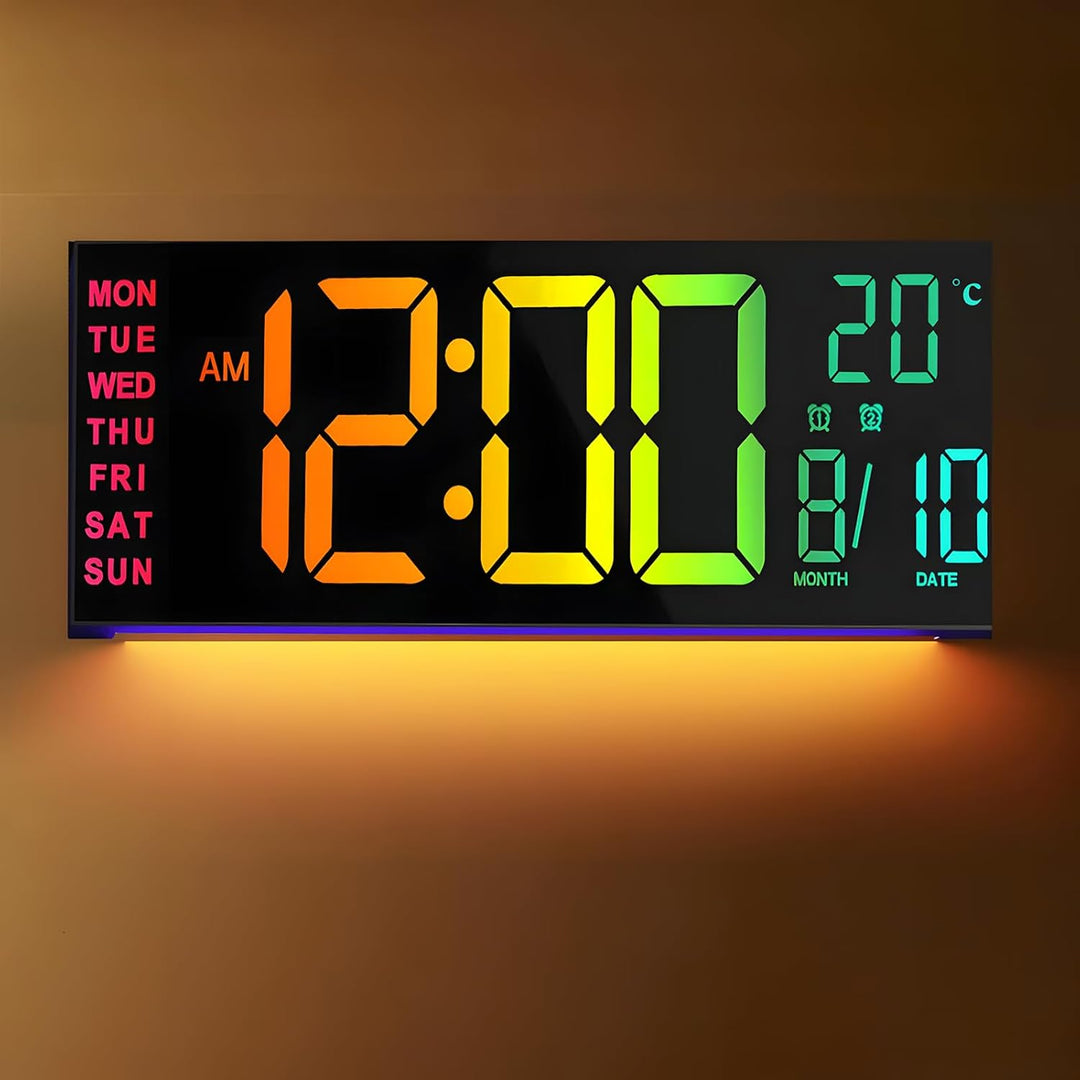 16-inch RGB digital wall clock with vibrant display and remote control, perfect for modern home decor.
