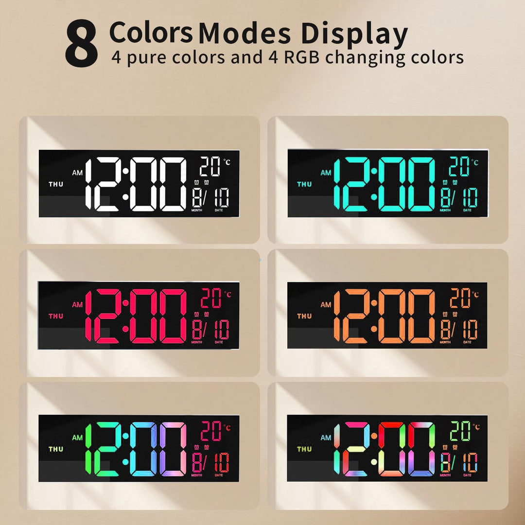 RGB digital wall clock with remote showing a bright time display, suitable for home or office.