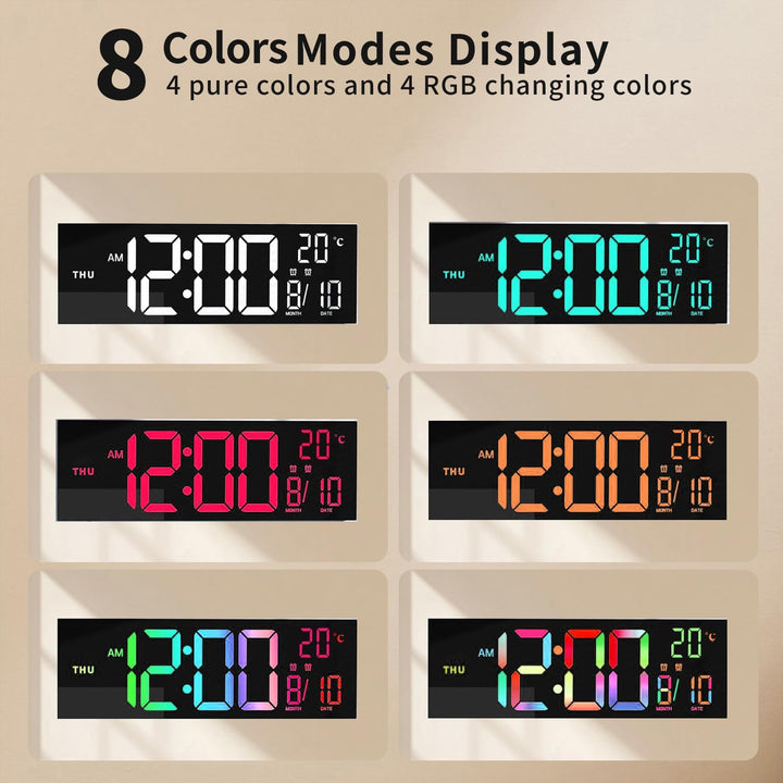 RGB digital wall clock with remote showing a bright time display, suitable for home or office.