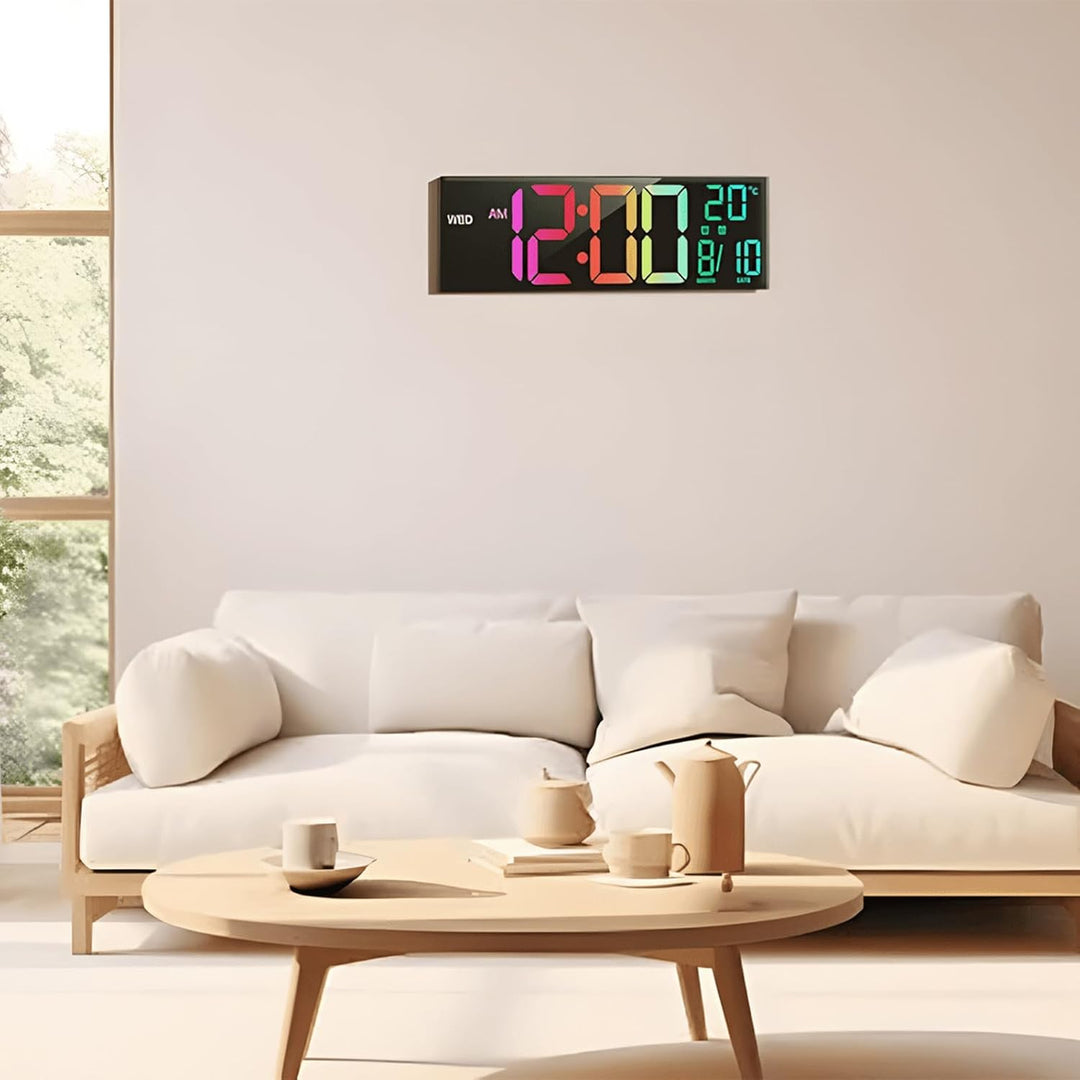 Large 16-inch RGB digital clock with remote control in a contemporary room setting as a wall decor.