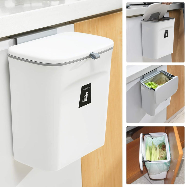 2.4 Gallon white odor-free kitchen compost bin for countertop food scraps. Eco-friendly waste management.