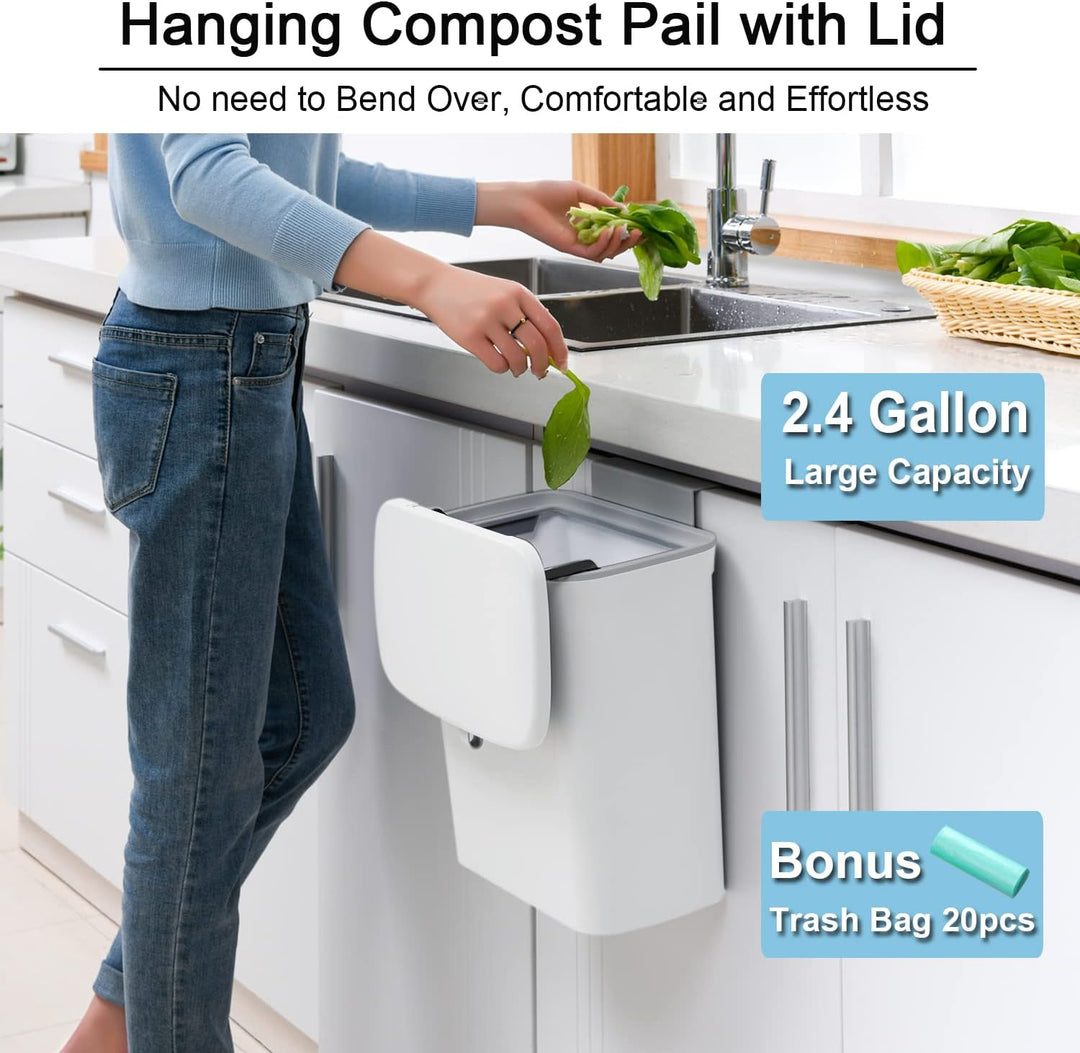 White 2.4 gallon odor-free compost bin for kitchen countertop or under-sink food waste management.