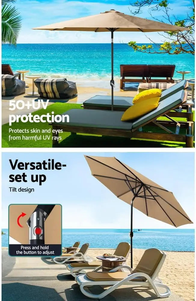 Beige 2.7m Solira garden umbrella with sturdy pole stand, offering UV protection and water resistance.
