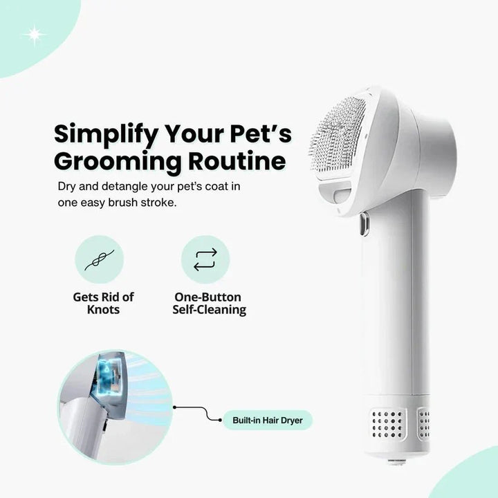 Innovative dog brush and dryer combo. This pet grooming tool quickly dries and brushes your dog's coat.