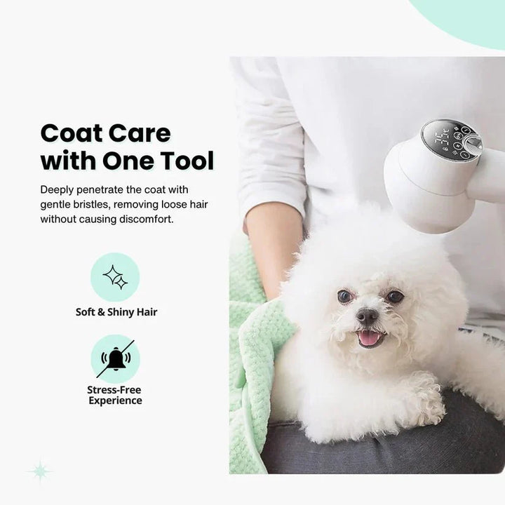 Efficient dog grooming brush with integrated dryer. A convenient two-in-one pet dryer for happy dogs.