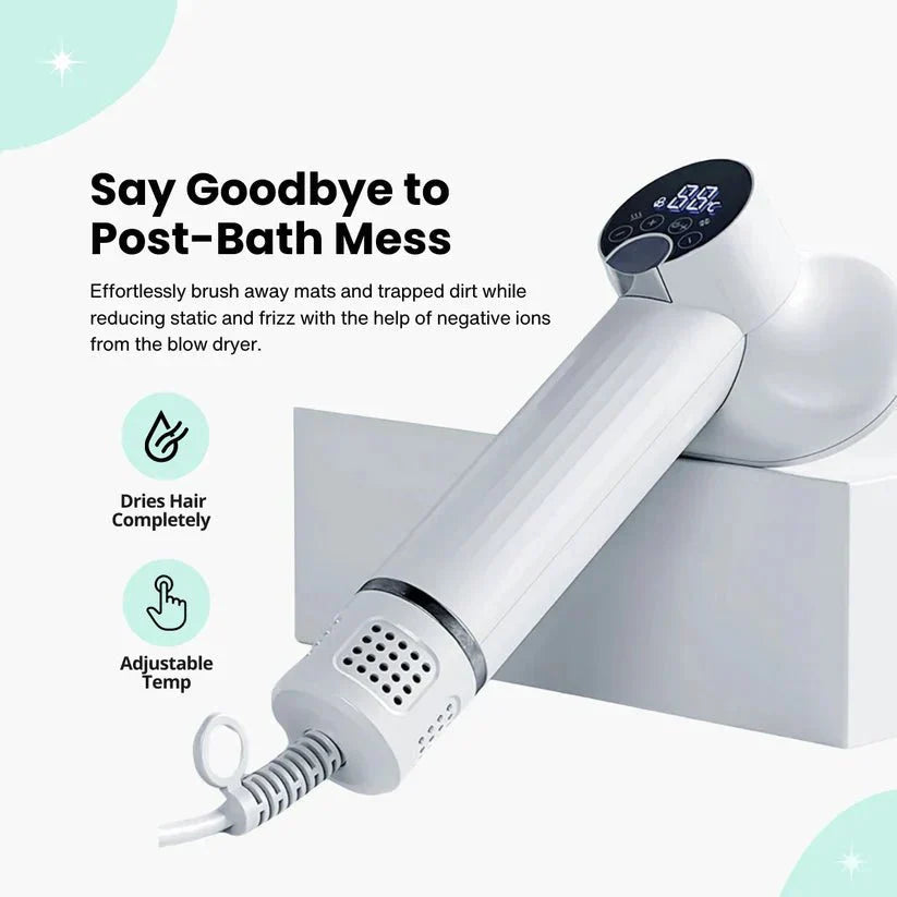 Portable dog hair dryer & grooming brush. Essential pet supplies for stress-free at-home dog care.