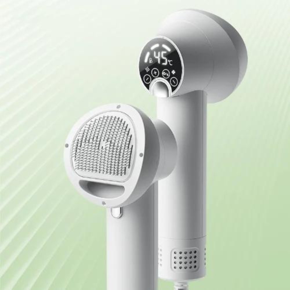 Ergonomic dog brush dryer, a practical grooming tool. This pet hair dryer keeps your dog's coat healthy.
