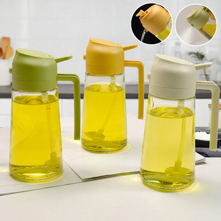 2-in-1 glass oil sprayer & dispenser for healthy cooking. Multipurpose kitchen gadget for oil or vinegar.