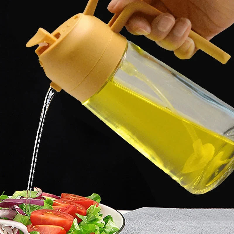 Fine mist oil sprayer & pour dispenser. Glass bottle kitchen tool for salads, air frying, food prep.