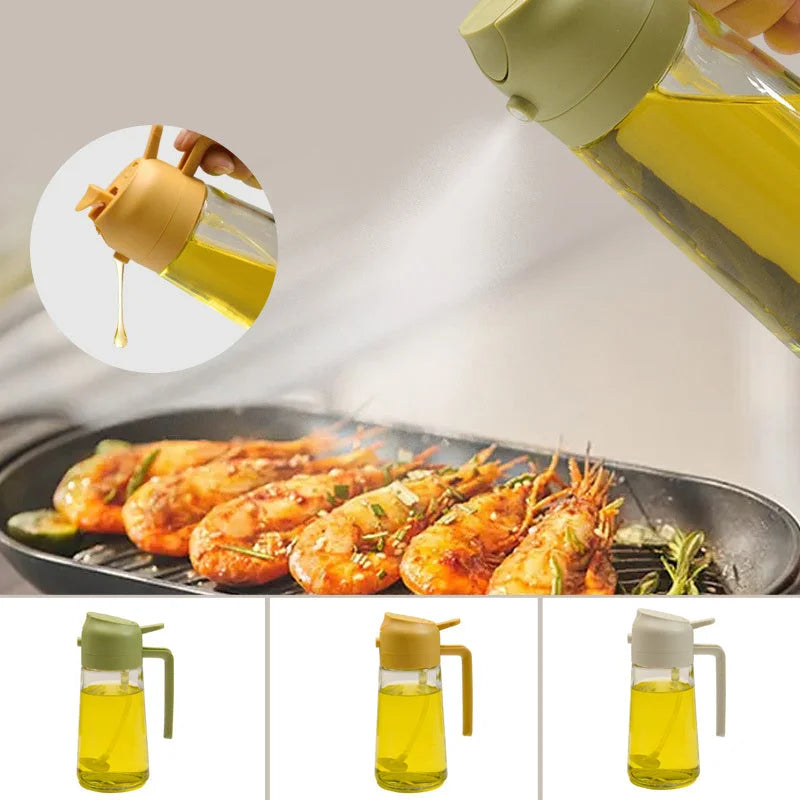Controlled oil spray & pour dispenser. Glass bottle for healthy cooking, baking, grilling. Kitchen essential.